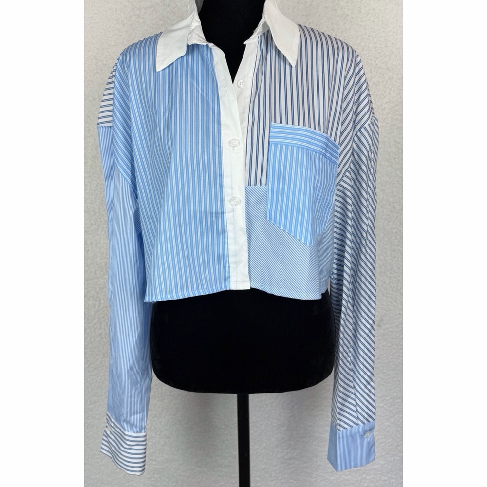 Commense Blue/White Striped Patchwork Cropped But… - image 2